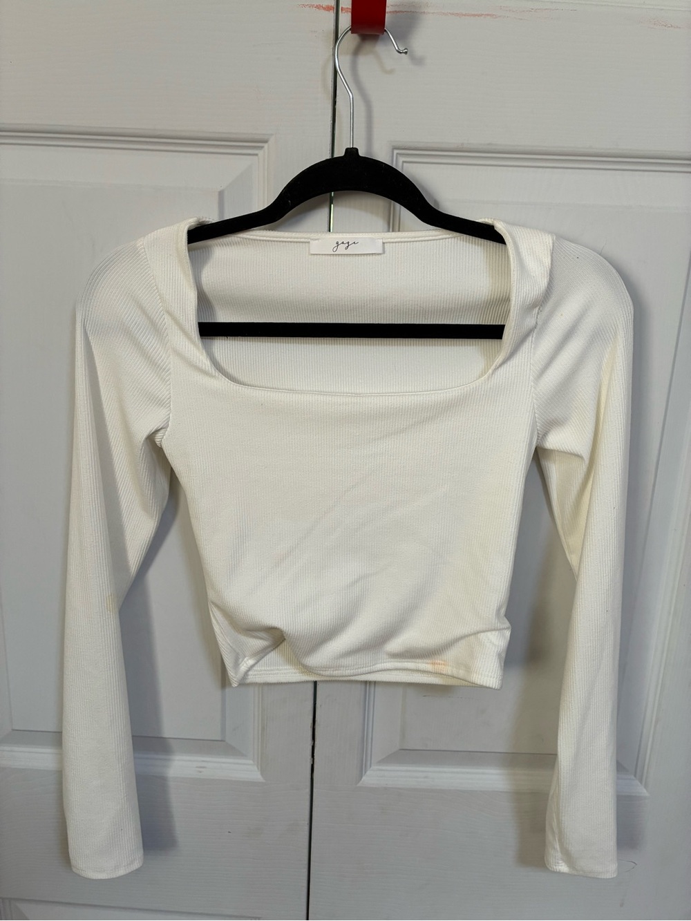 GAZE White Ribbed Square Neck Long Sleeve Crop Top